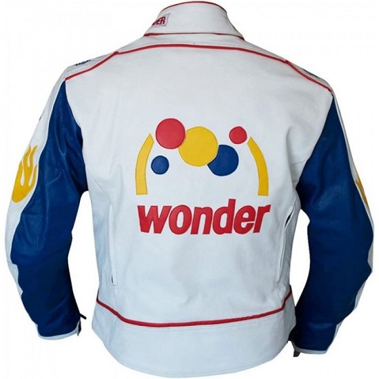 Mens Ricky Bobby Racing White Faux Leather Motorcycle Jacket