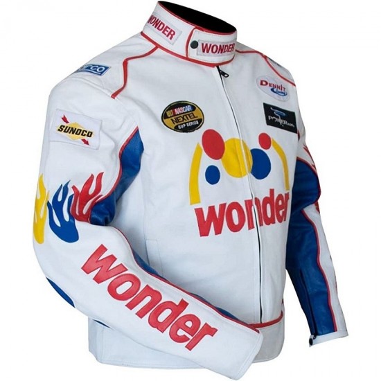 Mens Ricky Bobby Racing White Faux Leather Motorcycle Jacket