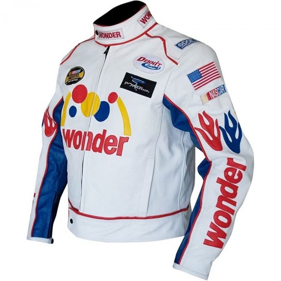 Mens Ricky Bobby Racing White Faux Leather Motorcycle Jacket