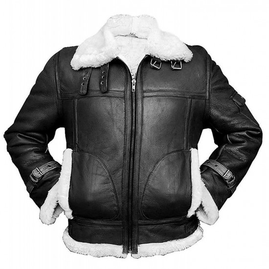 Mens Aviator RAF B3 Sheepskin Fur Shearling Bomber Flying Black Leather Jacket