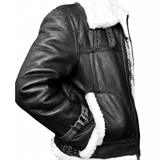 Mens Aviator RAF B3 Sheepskin Fur Shearling Bomber Flying Black Leather Jacket