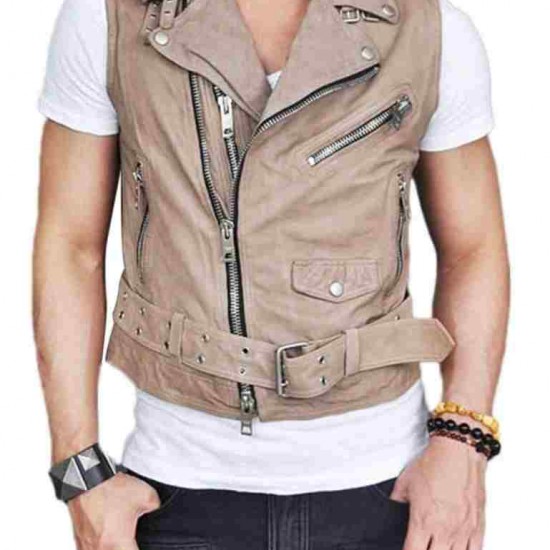 Mens Belted Asymmetrical Zipper Leather Vest     