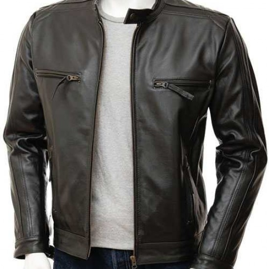 Mens Black And Brown Slimfit Stylish Classic Cafe Racer Tab Collar Real Leather Biker Jacket