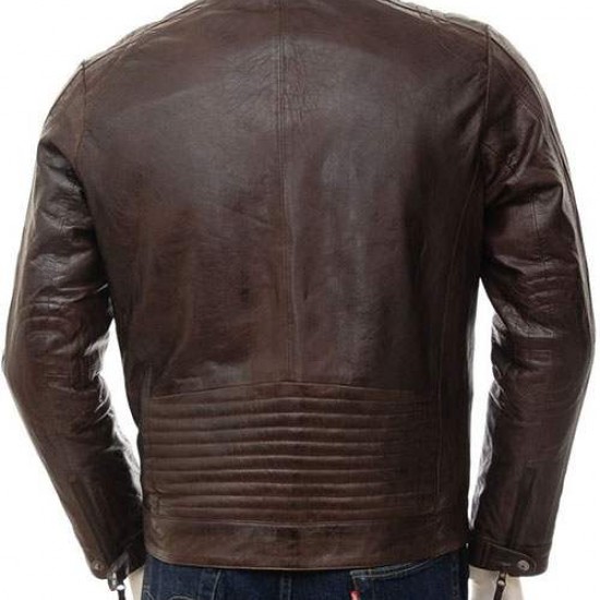 Mens Black And Brown Slimfit Stylish Classic Cafe Racer Tab Collar Real Leather Biker Jacket