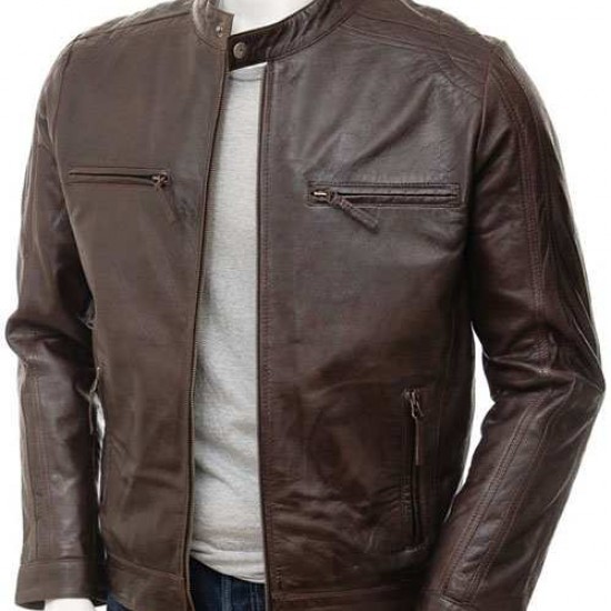 Mens Black And Brown Slimfit Stylish Classic Cafe Racer Tab Collar Real Leather Biker Jacket