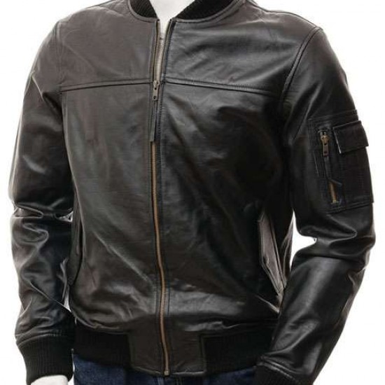 Mens Black And Dark Brown Classic Elegant Real Leather Bomber Jacket