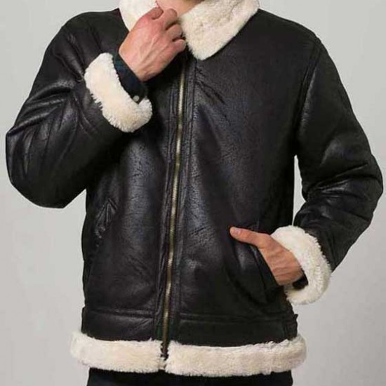 Mens Black Aviator Faux Shearling Leather Jacket         