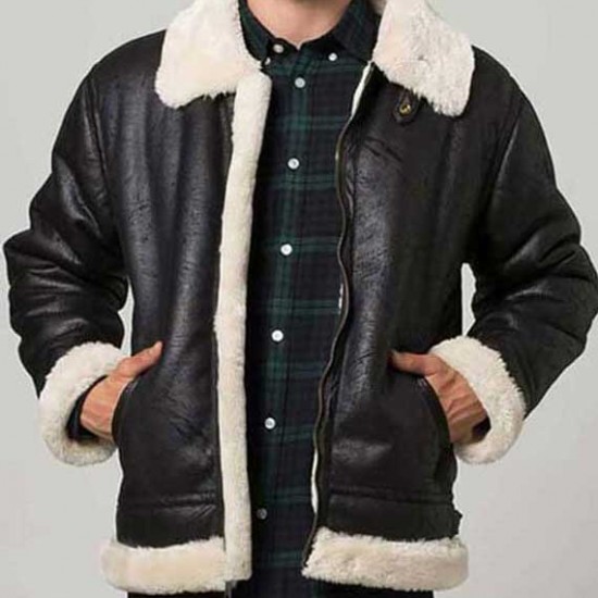 Mens Black Aviator Faux Shearling Leather Jacket         