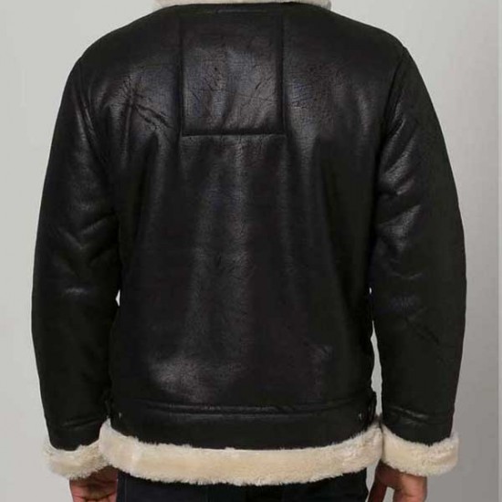 Mens Black Aviator Faux Shearling Leather Jacket         