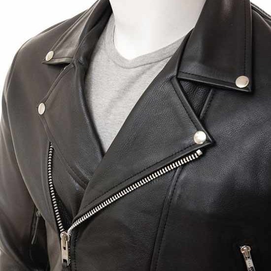 Mens Black Chromed Angled Zip Double Breasted Zipped Pockets Real Leather Biker Jacket