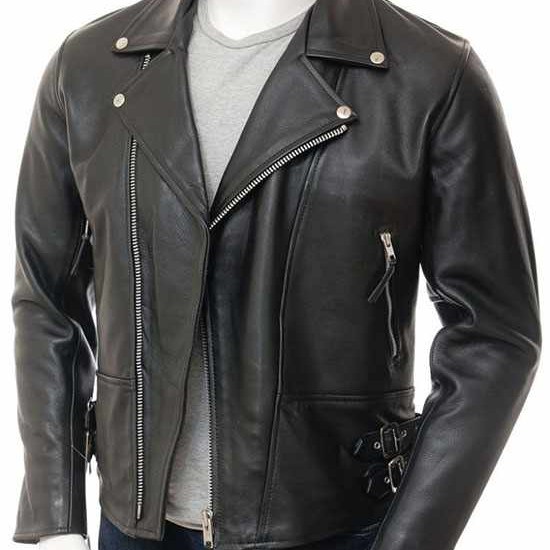 Mens Black Chromed Angled Zip Double Breasted Zipped Pockets Real Leather Biker Jacket