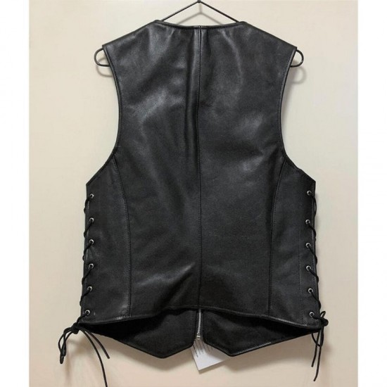 Mens Black Cowhide Skeleton Biker Vest