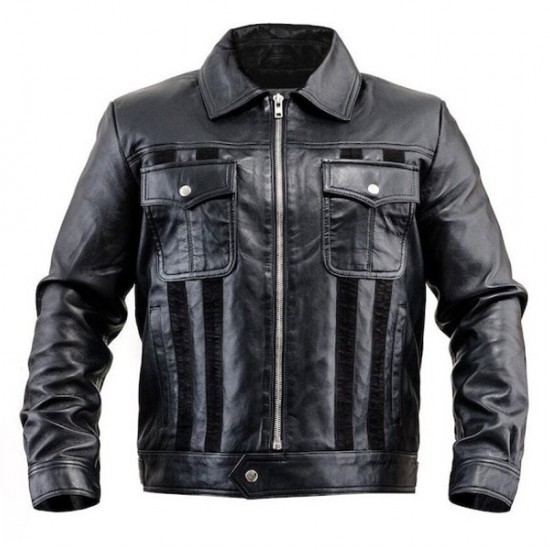 Mens Black Leather Jacket With Suede Stripes