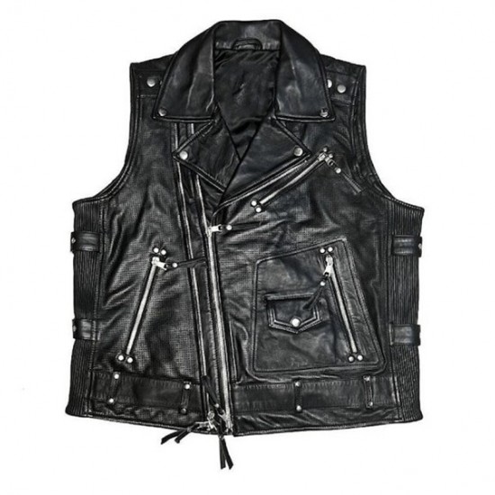 Mens Black Moto Biker Genuine Leather Vest