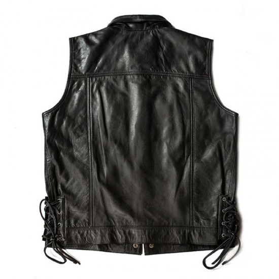 Mens Black Side Laces Motorcycle Leather Vest