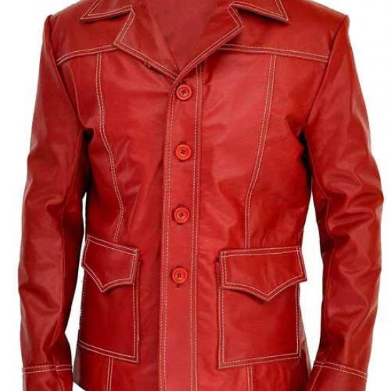 Mens Brad Pitt Fight Club Tyler Durden Coat Red Biker Leather Jacket