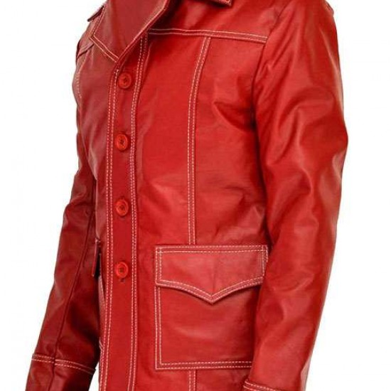 Mens Brad Pitt Fight Club Tyler Durden Coat Red Biker Leather Jacket