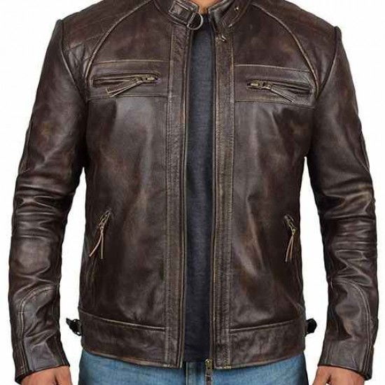 Mens Brown Genuine Lambskin Motorcycle Leather Jacket