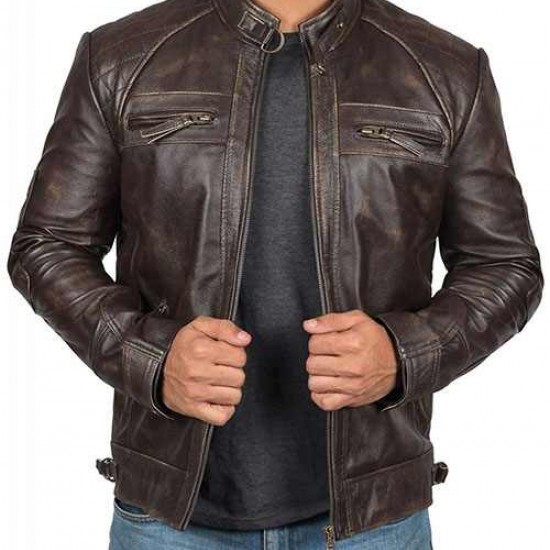 Mens Brown Genuine Lambskin Motorcycle Leather Jacket