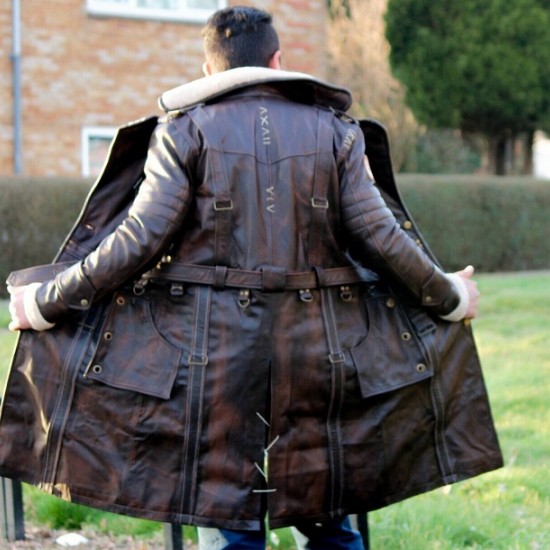 Mens Brown Shearling Distressed Brown Faux Fur Leather Long Winter Coat