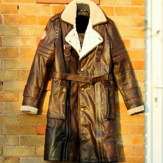 Mens Brown Shearling Distressed Brown Faux Fur Leather Long Winter Coat