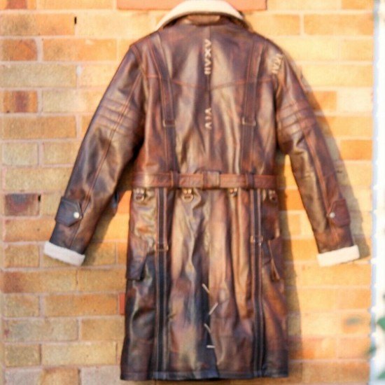 Mens Brown Shearling Distressed Brown Faux Fur Leather Long Winter Coat