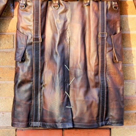 Mens Brown Shearling Distressed Brown Faux Fur Leather Long Winter Coat