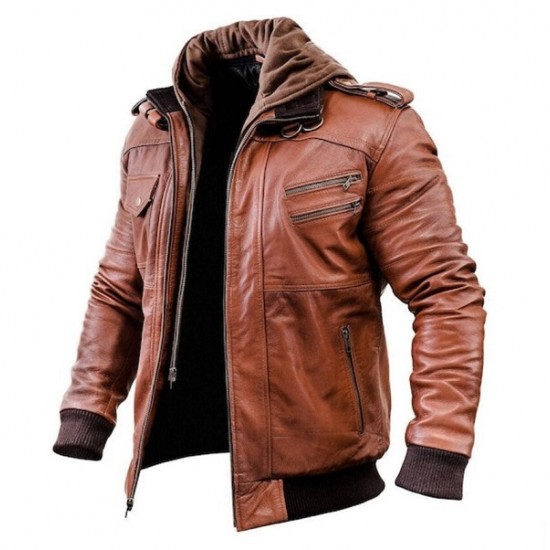 Mens Brown Winter Hooded Leather Bomber Jacket