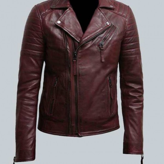 Mens Burgundy Color Biker Style Leather Jacket