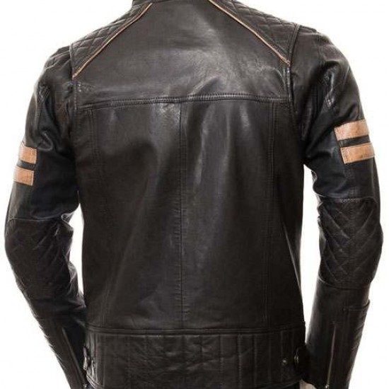 Mens Cafe Racer Striped Four Pockets Real Leather Biker Jacket