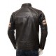 Mens Cafe Racer Striped Four Pockets Real Leather Biker Jacket