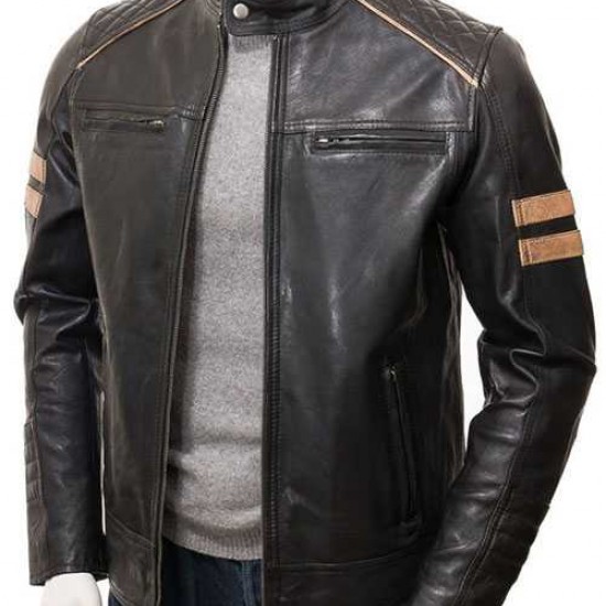 Mens Cafe Racer Striped Four Pockets Real Leather Biker Jacket