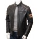 Mens Cafe Racer Striped Four Pockets Real Leather Biker Jacket