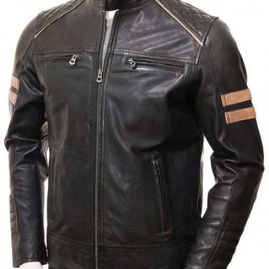 Mens Cafe Racer Striped Four Pockets Real Leather Biker Jacket