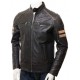 Mens Cafe Racer Striped Four Pockets Real Leather Biker Jacket