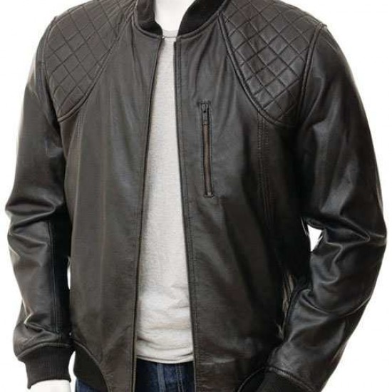 Mens Classic Quilted Panel Real Leather Bomber Jacket