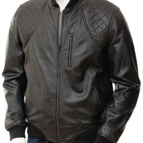 Mens Classic Quilted Panel Real Leather Bomber Jacket