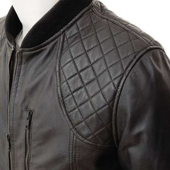 Mens Classic Quilted Panel Real Leather Bomber Jacket