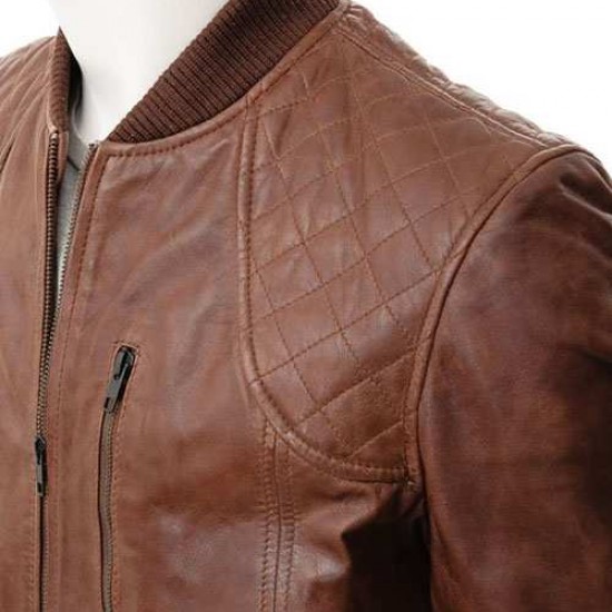 Mens Classic Quilted Panel Real Leather Bomber Jacket