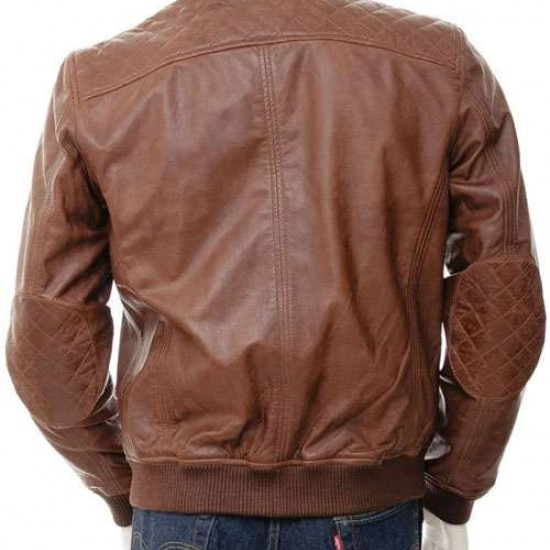 Mens Classic Quilted Panel Real Leather Bomber Jacket