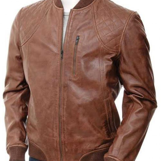 Mens Classic Quilted Panel Real Leather Bomber Jacket