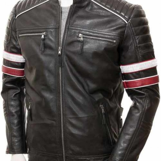 Mens Classic Racing Quilted Real Leather Biker Jacket