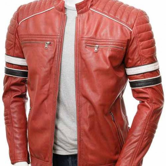 Mens Classic Racing Quilted Real Leather Biker Jacket