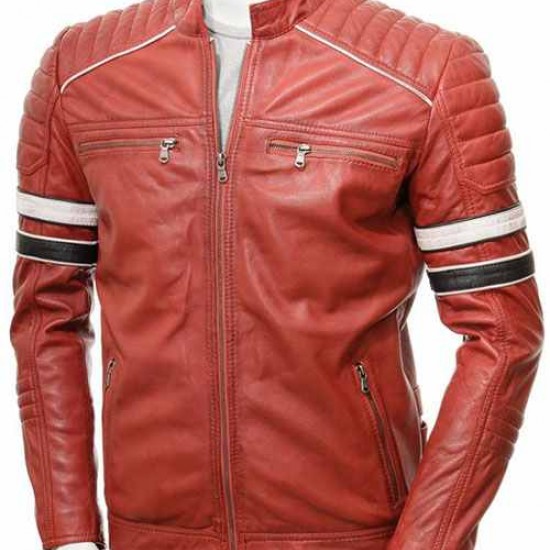 Mens Classic Racing Quilted Real Leather Biker Jacket