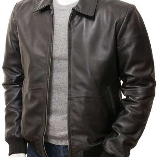 Mens Classic Shirt Collar Real Leather Bomber Jacket