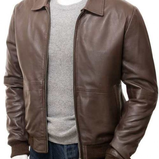 Mens Classic Shirt Collar Real Leather Bomber Jacket