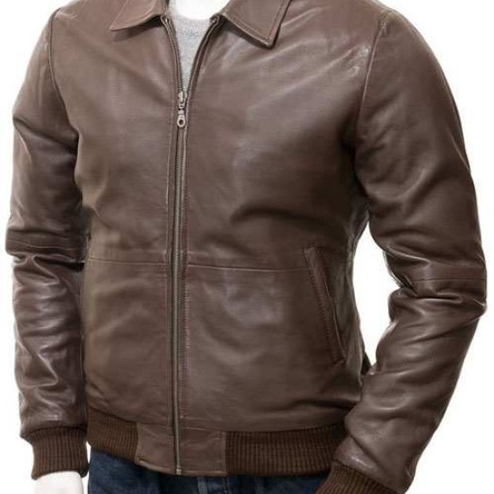 Mens Classic Shirt Collar Real Leather Bomber Jacket