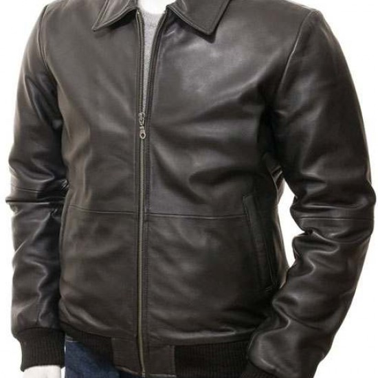 Mens Classic Shirt Collar Real Leather Bomber Jacket