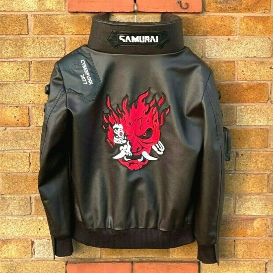 Mens Cyberpunk 2077 Leather Embroidery Costume Jacket