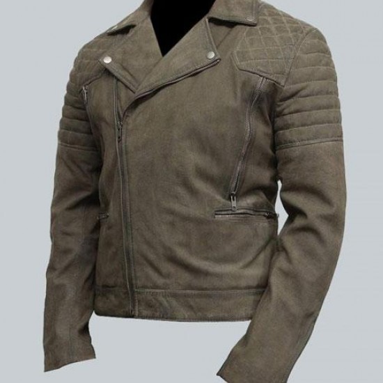 Mens Grey Suede Leather Motorcycle Jacket